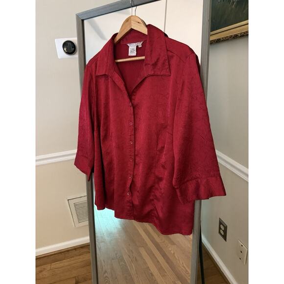 Fred David Stretch Jacquard Womens Red Button Down Blouse Top Size 2XL - Picture 1 of 4